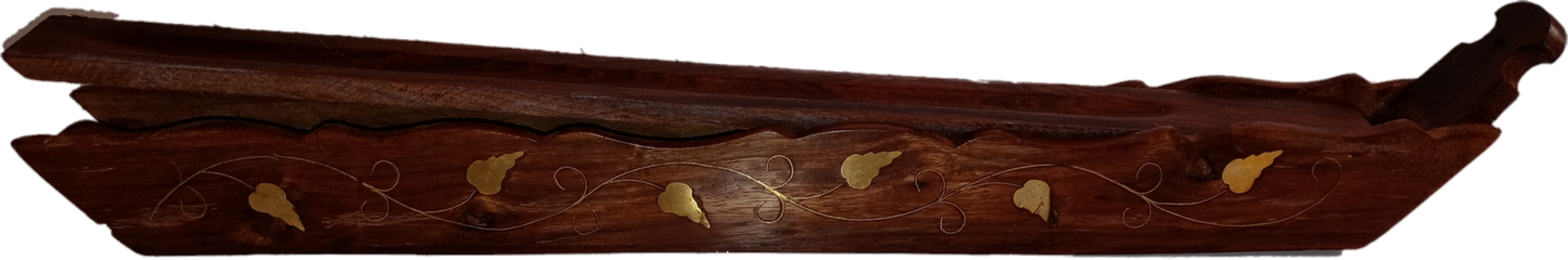 Extra-Long Vine Brass Inlay, Hand Carved, Incense Coffin Boat