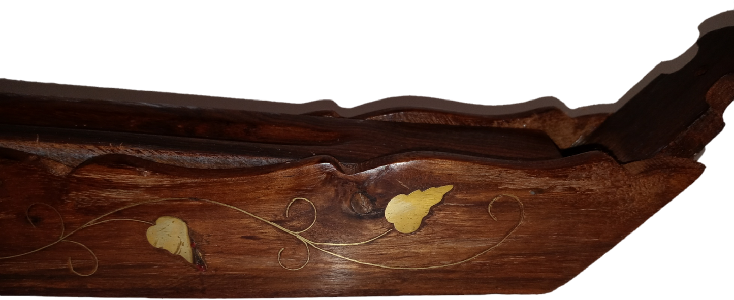 Extra-Long Vine Brass Inlay, Hand Carved, Incense Coffin Boat