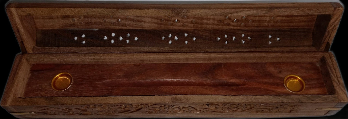 12" Coffin Style Hand Carved Incense Box and Burner