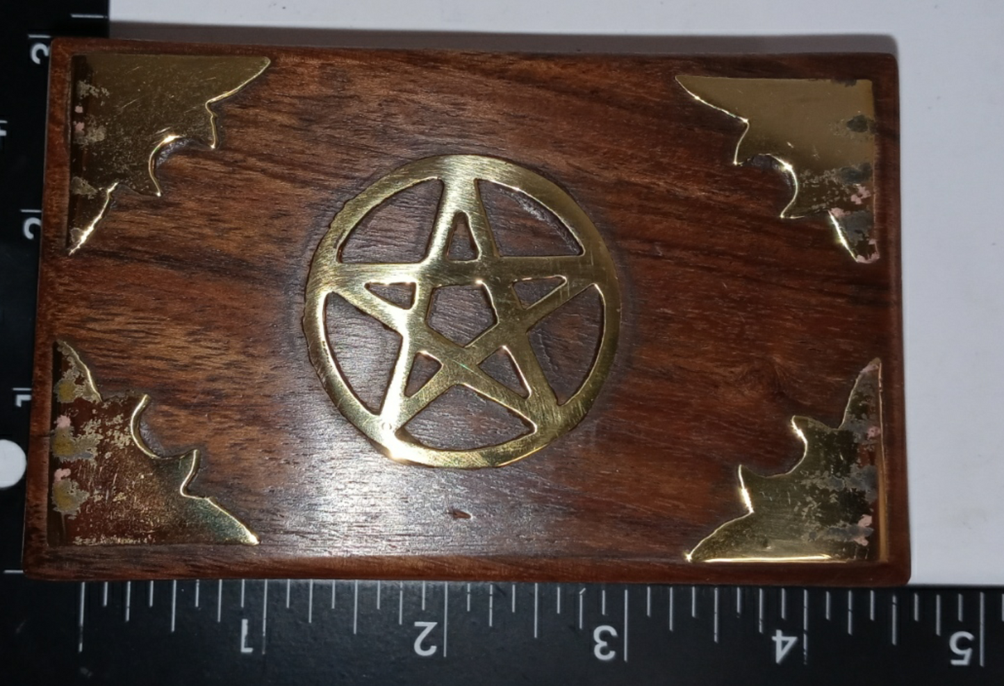 Aged Brass Pentacle Inlayed Wooden Box