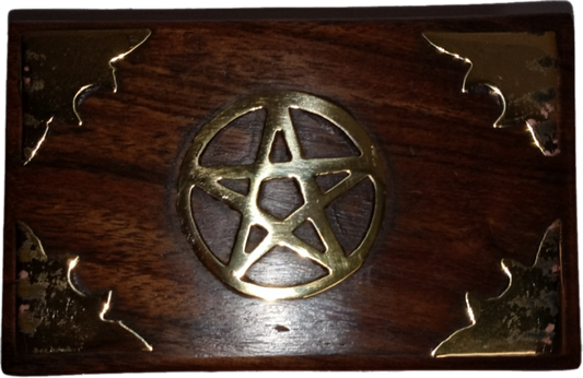 Aged Brass Pentacle Inlayed Wooden Box