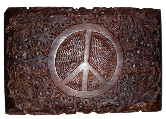 Hand Carved Intricate Peace Sign Wood Box