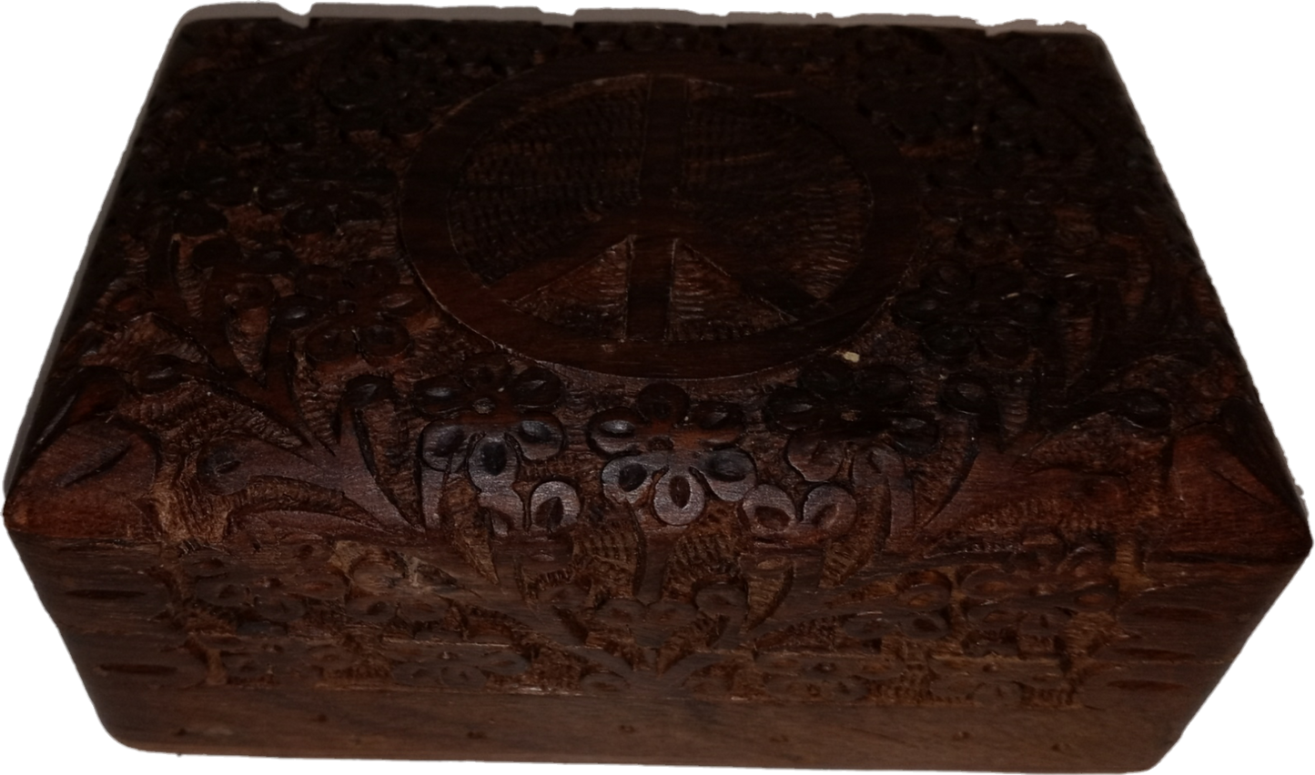 Hand Carved Intricate Peace Sign Wood Box