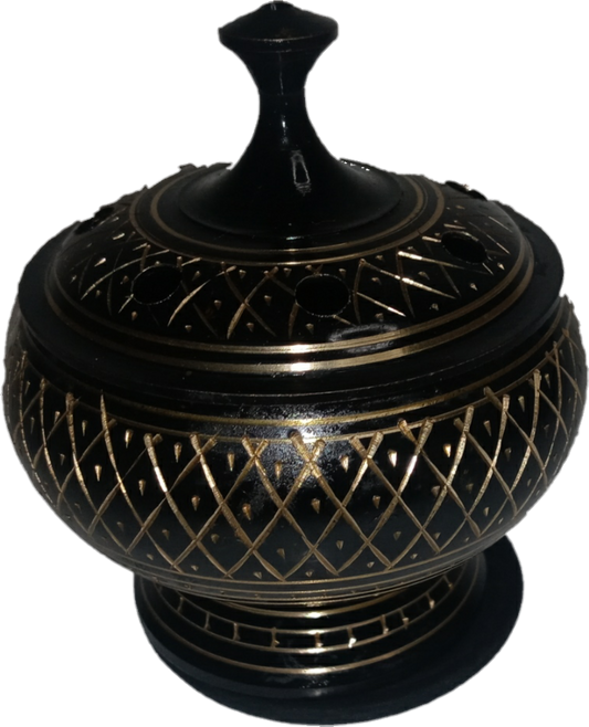 Black Carved Brass Incense/Charcoal/Smudge Burner w/Lid