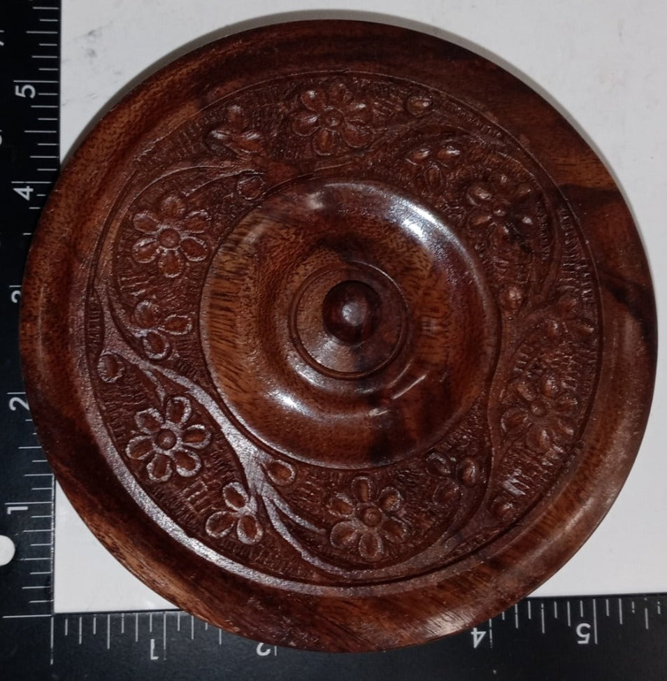 5" Diam. x 2" H. Hand Carved Round Wooden Box 2-pc.