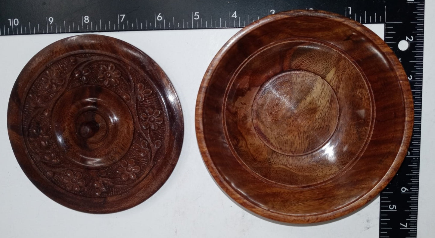 5" Diam. x 2" H. Hand Carved Round Wooden Box 2-pc.