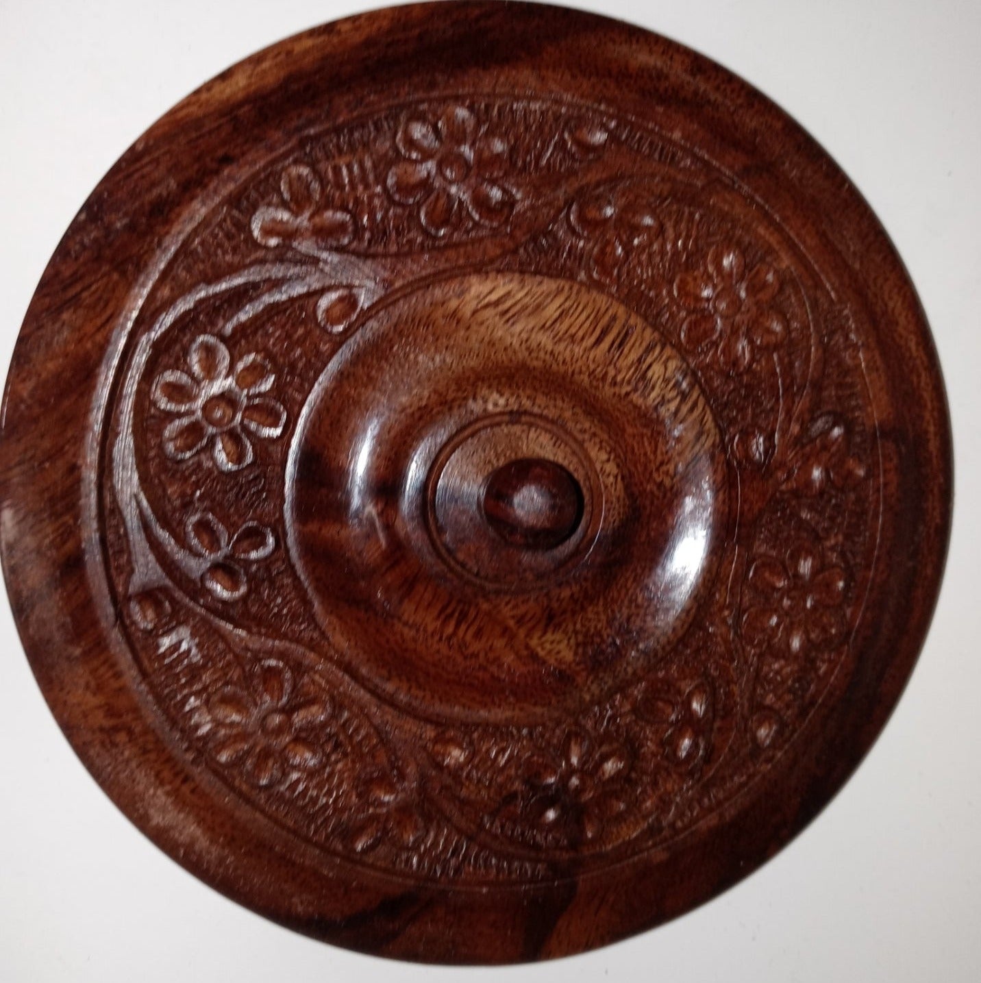 5" Diam. x 2" H. Hand Carved Round Wooden Box 2-pc.