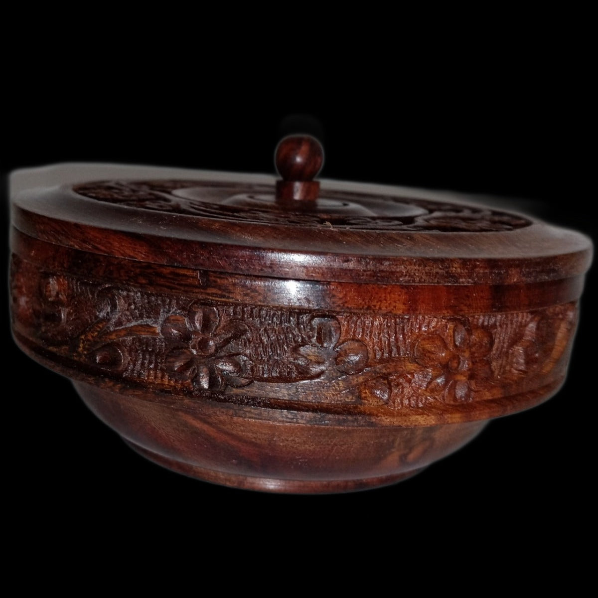 5" Diam. x 2" H. Hand Carved Round Wooden Box 2-pc.