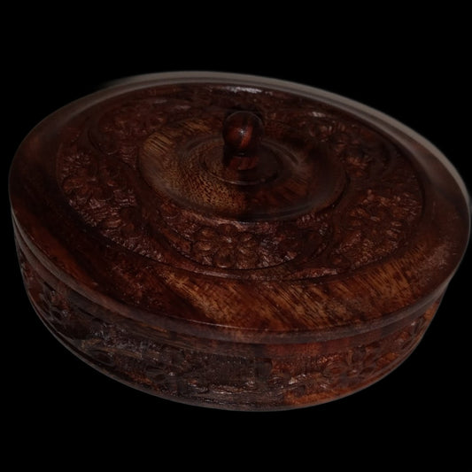 5" Diam. x 2" H. Hand Carved Round Wooden Box 2-pc.