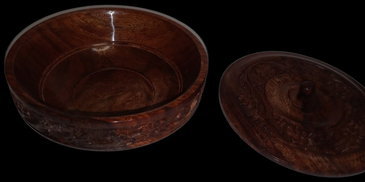 5" Diam. x 2" H. Hand Carved Round Wooden Box 2-pc.