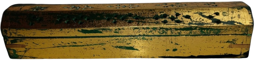 12" Coffin Style Green and Gold Aged Incense Box and Burner