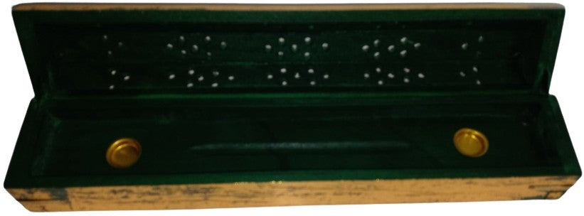 12" Coffin Style Green and Gold Aged Incense Box and Burner